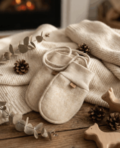 Kumštinės vaikiškos kreminės ėriukų vilnos pirštinės su virvele, Zaffiro