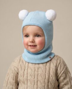 Vaikiškas merino vilnos melsvas šalmukas POMPONAS, WoolLando