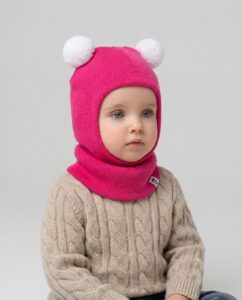 Vaikiškas merino vilnos rožinis šalmukas POMPONAS, WoolLando